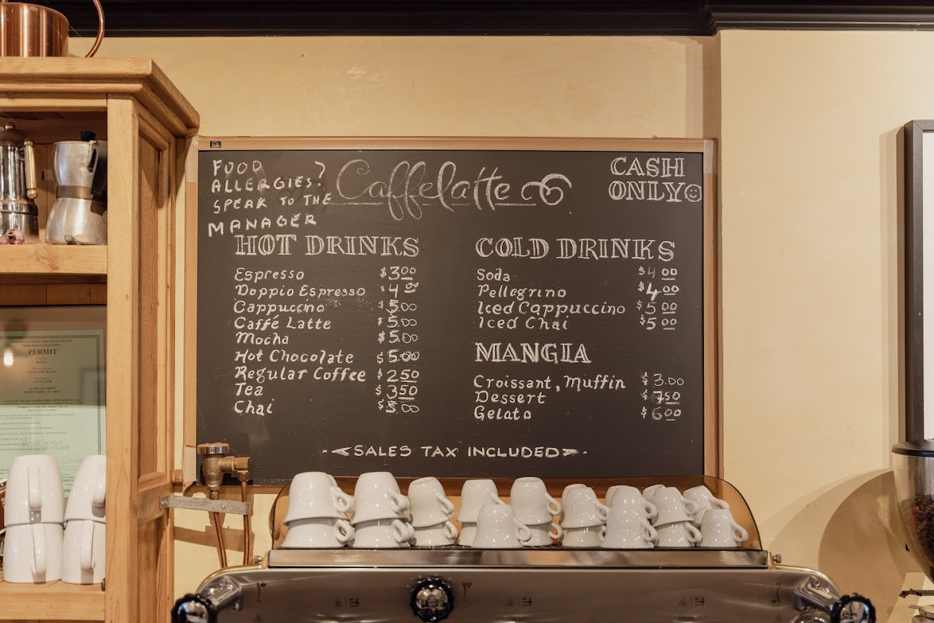 The hand-lettered CaffeLatte chalkboard menu